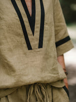 Womens Stripe Trim Linen Two Piece Set, Collar V Neck Half Sleeve Top & Drawstring Jogger Pants Outfit