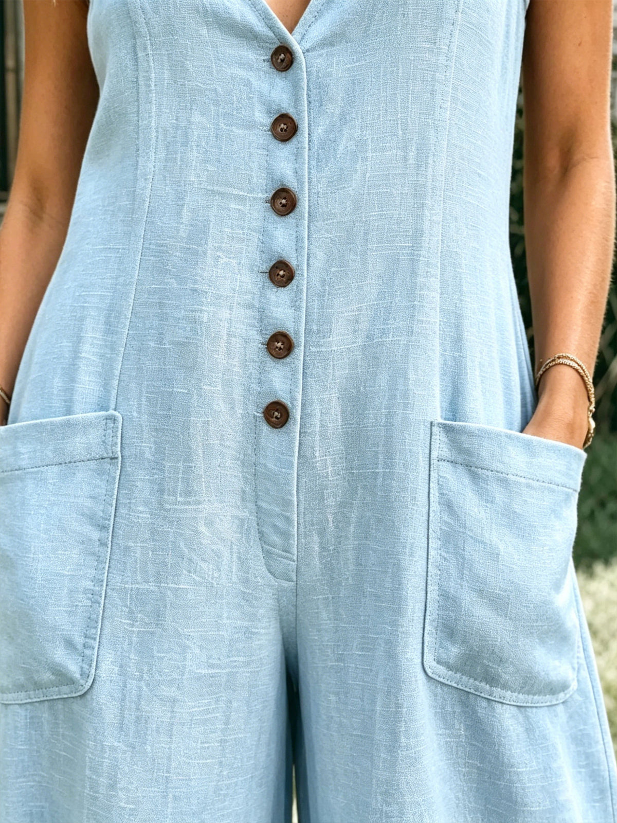 Women’s Summer Cotton Casual Sleeveless V-neck Pocket Wide-leg Jumpsuit