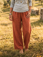 Women's Solid Linen-Blend Drawstring Waist Wide Leg Pants