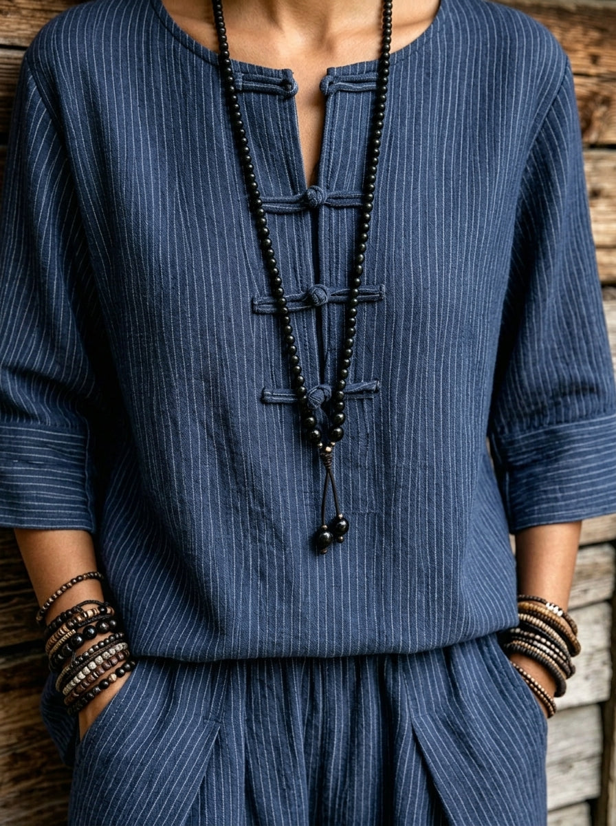 Womens Striped Cotton Linen Two Piece Outfit Frog Button 3/4 Sleeve Top & Harem Pants Set