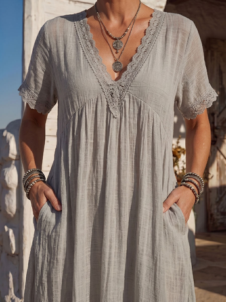 Vintage Art Comfortable Summer Fabrics Cotton Linen Patchwork Lace Dress
