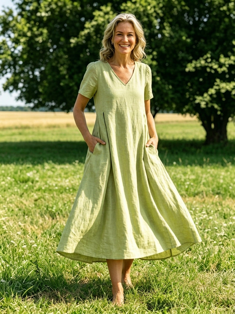 Women’s Casual Cotton Sunmmer Short Sleevev-neck Pocket Maxi Dress