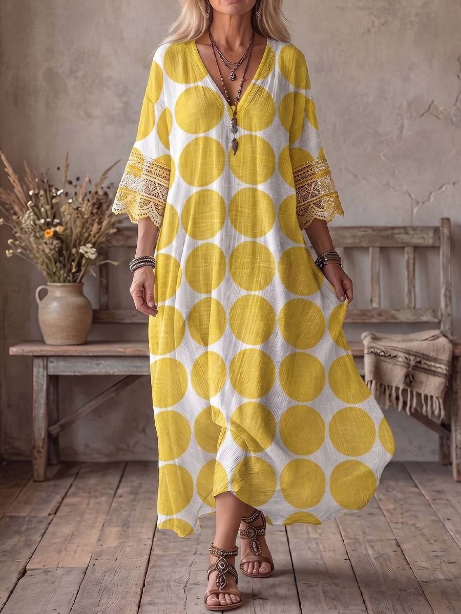 Vintage Art Comfortable Summer Fabrics Cotton Linen Patchwork Lace Dress