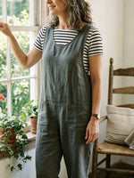 Women's Solid Sleeveless Big Pocket Cuffed Linen Overalls Jumpsuit