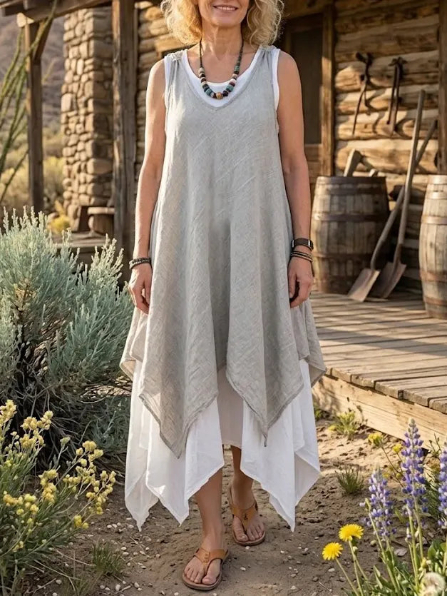 Women's Solid Two Layer Asymmetric Hem Linen Sleeveless Pocket Dress