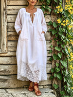 Women’s Casual Cotton Loose Long Sleeve V Neck Lace Paneling Pocket Dress