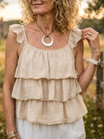 Women's Solid Ruffle Strap Tiered Ruffled Cotton Cami Top