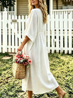 Women's Solid-Color Textured Short-Sleeve Maxi Dress with Drawstring Waist and Loose Fit