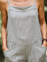 Womens Striped Linen Spaghetti Strap Jumpsuit, Loose Cuffed Ankle Overalls with Side Pockets