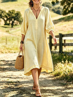 Women's Solid Textured Split Neck Bubble Short Sleeve Loose Midi Dress
