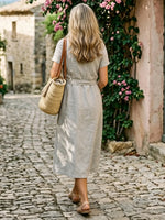 Women's Solid Color V-Neck Short-Sleeve Wrap Dress with Tie-Waist