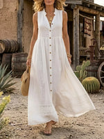 White Prairie Breeze Button-Front Maxi Dres