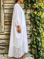 Women’s Casual Cotton Loose Long Sleeve V Neck Lace Paneling Pocket Dress