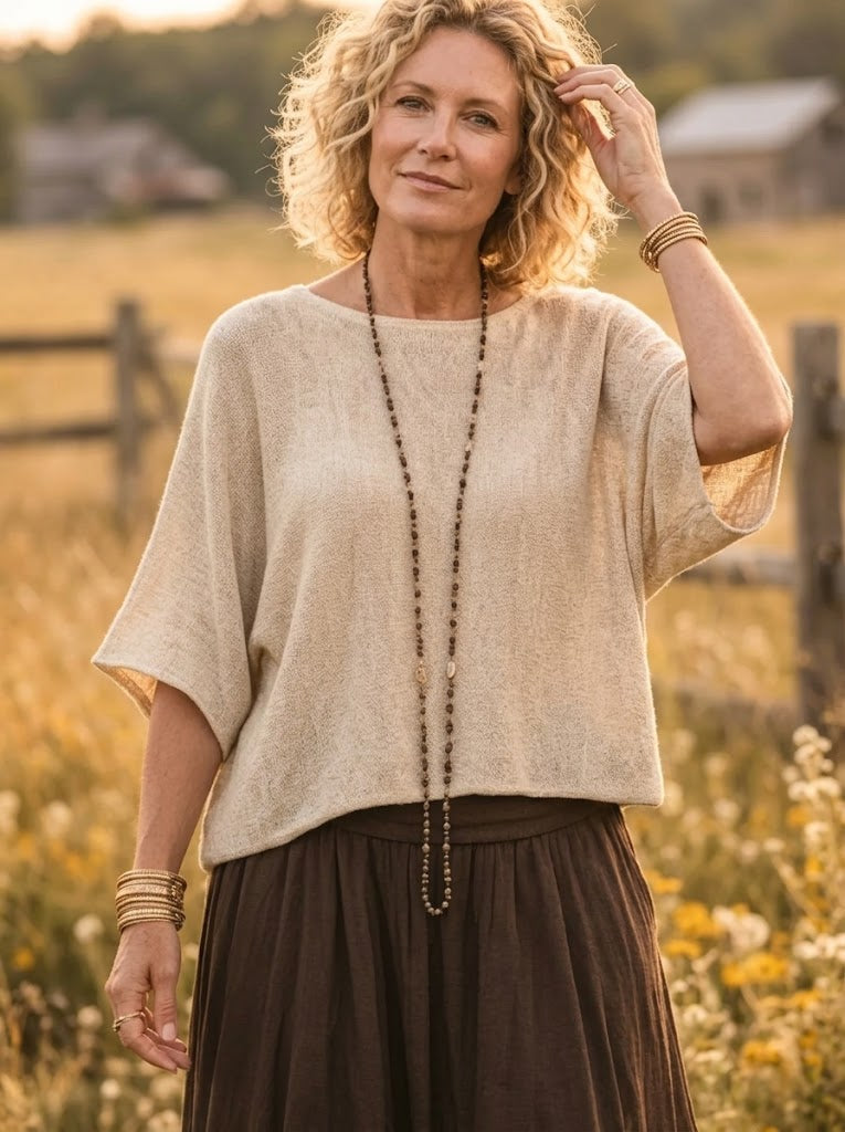Women's Solid Dolman Sleeve Loose Knit Cotton Blouse