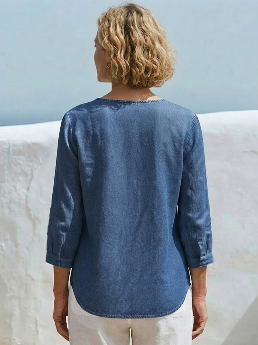 Washed Denim Round Neck Diagonal Button Bust Gathered Side Tie 3/4 Sleeve Loose Casual Blouse
