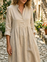 Women's Solid-color Cotton-linen Midi Dress With Partial Button Placket And Fitted Waist