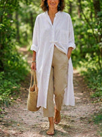Womens White Stand Collar Long Linen Shirt, Roll Sleeve Pocket Oversized Tunic Blouse
