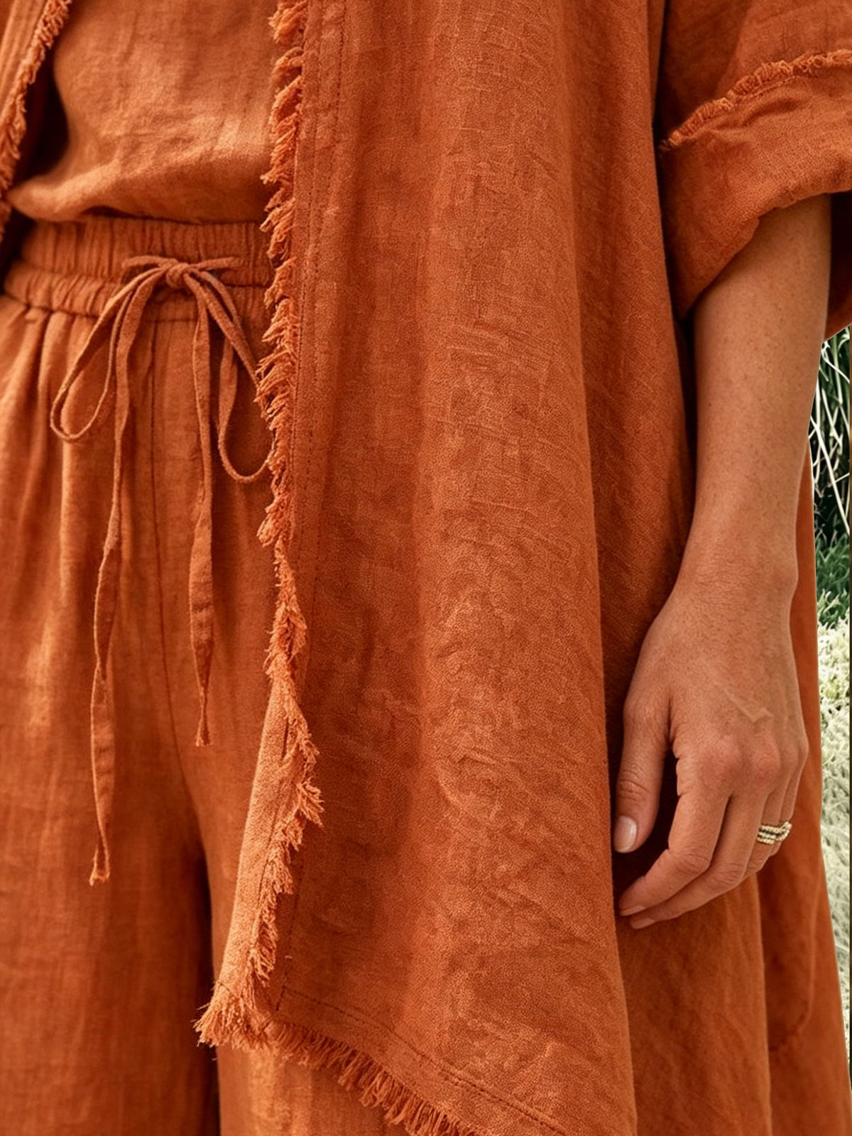 Womens Terracotta Frayed Trim Linen 3 Piece Outfit, Tank Top + Fringe Kimono Cardigan & Drawstring Wide Leg Pants Set