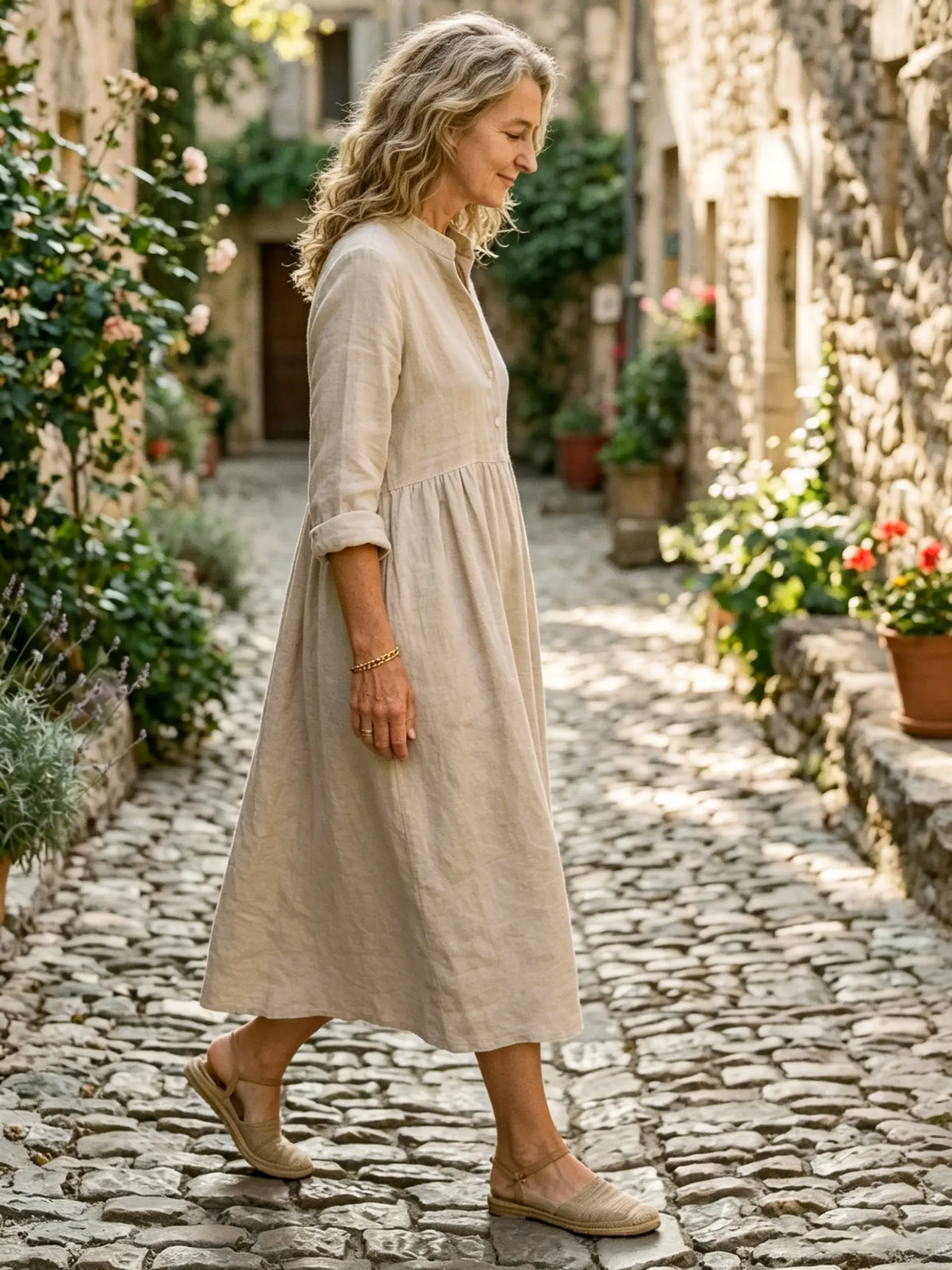 Women's Solid-color Cotton-linen Midi Dress With Partial Button Placket And Fitted Waist