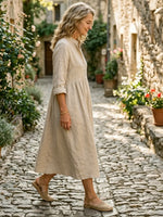 Women's Solid-color Cotton-linen Midi Dress With Partial Button Placket And Fitted Waist