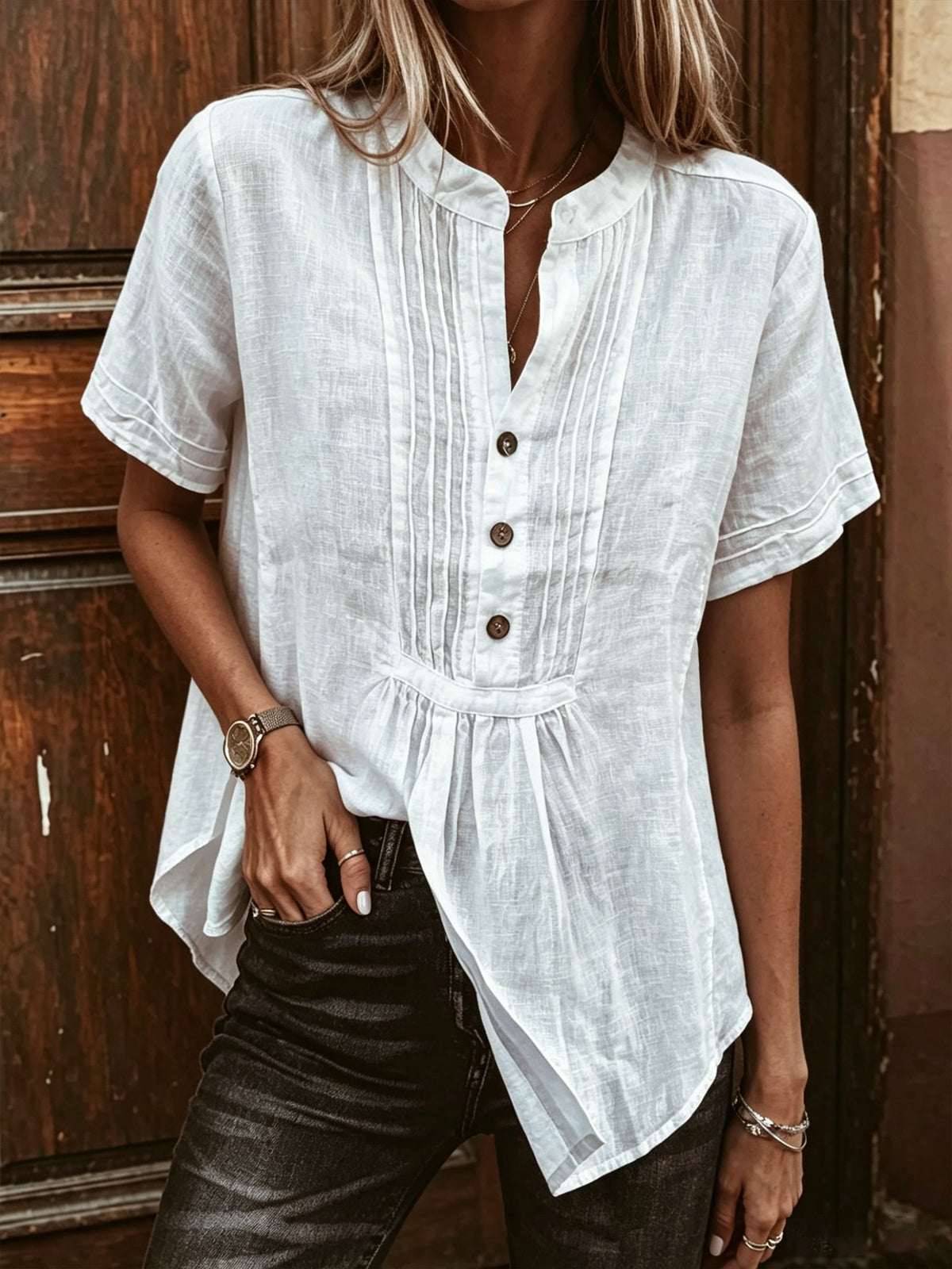 Women's Causal Cotton-linen Short-sleeve Round-neck Shirt