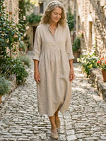 Women's Solid-color Cotton-linen Midi Dress With Partial Button Placket And Fitted Waist