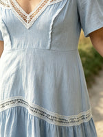 Women’s Casual Cotton Short Sleeve V Neck Ruffled Hem Lace Pocket Dress