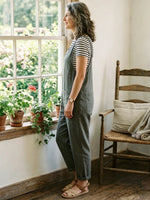 Women's Solid Sleeveless Big Pocket Cuffed Linen Overalls Jumpsuit