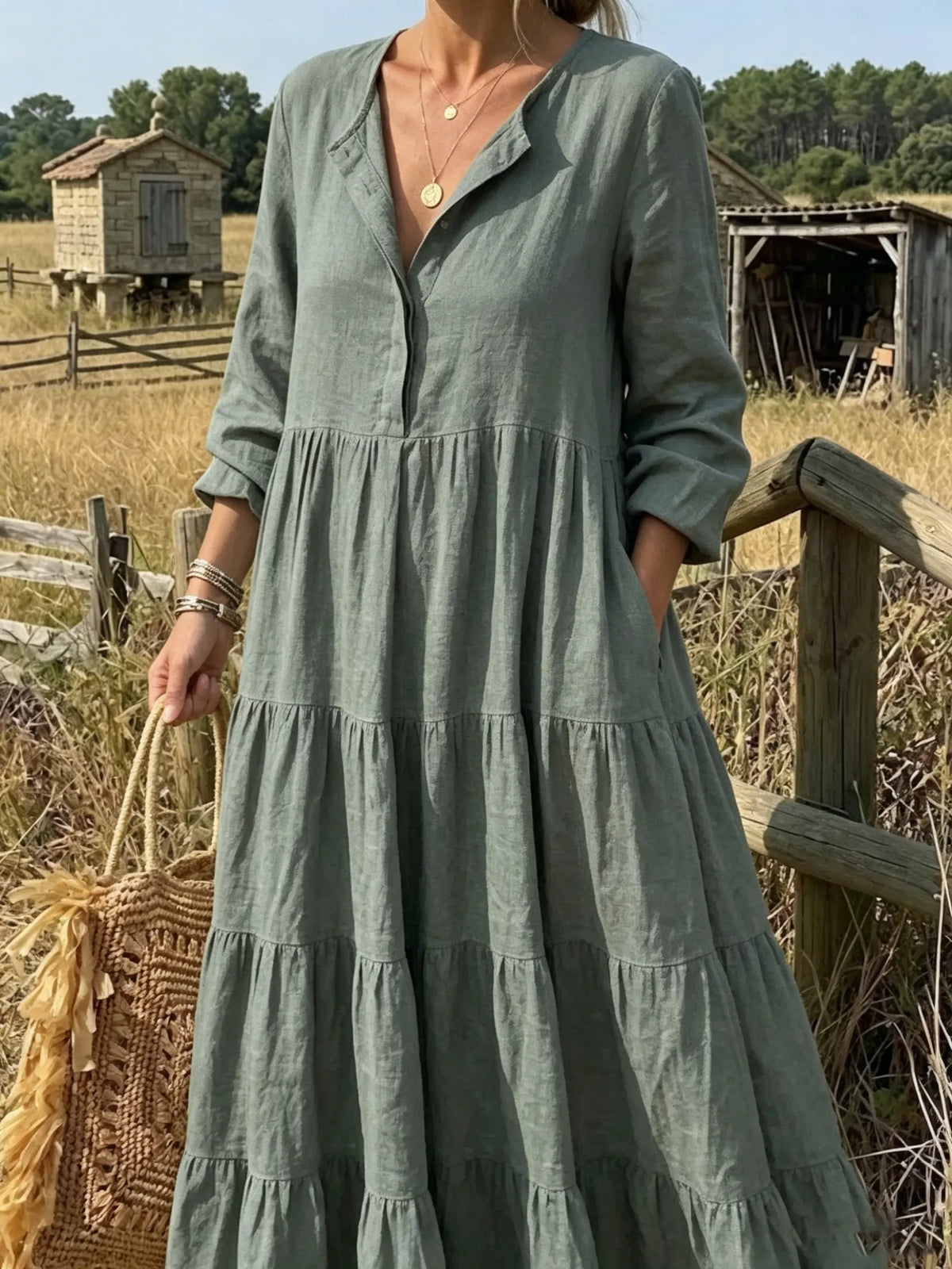 Sage Green Partial Button Tiered Linen Maxi Dress With Pockets