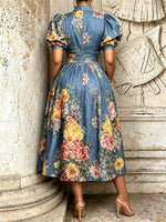 Women's Retro Floral Art Print Casual Stylish V-collar Short Sleeve Denim Midi Dress