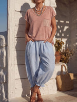Vintage Art Comfortable Summer Fabrics Cotton Linen Contrasting Stripes Pants