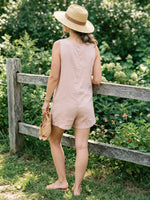 Women's Solid-Color Sleeveless Cotton-Linen Short Jumpsuit with Partial Button Placket and Multiple Pockets