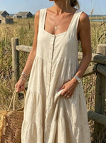 Soft Wheat Sleeveless Tiered Button-Front Dress