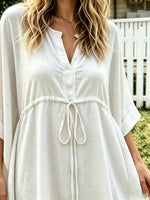 Women's Solid-Color Textured Short-Sleeve Maxi Dress with Drawstring Waist and Loose Fit