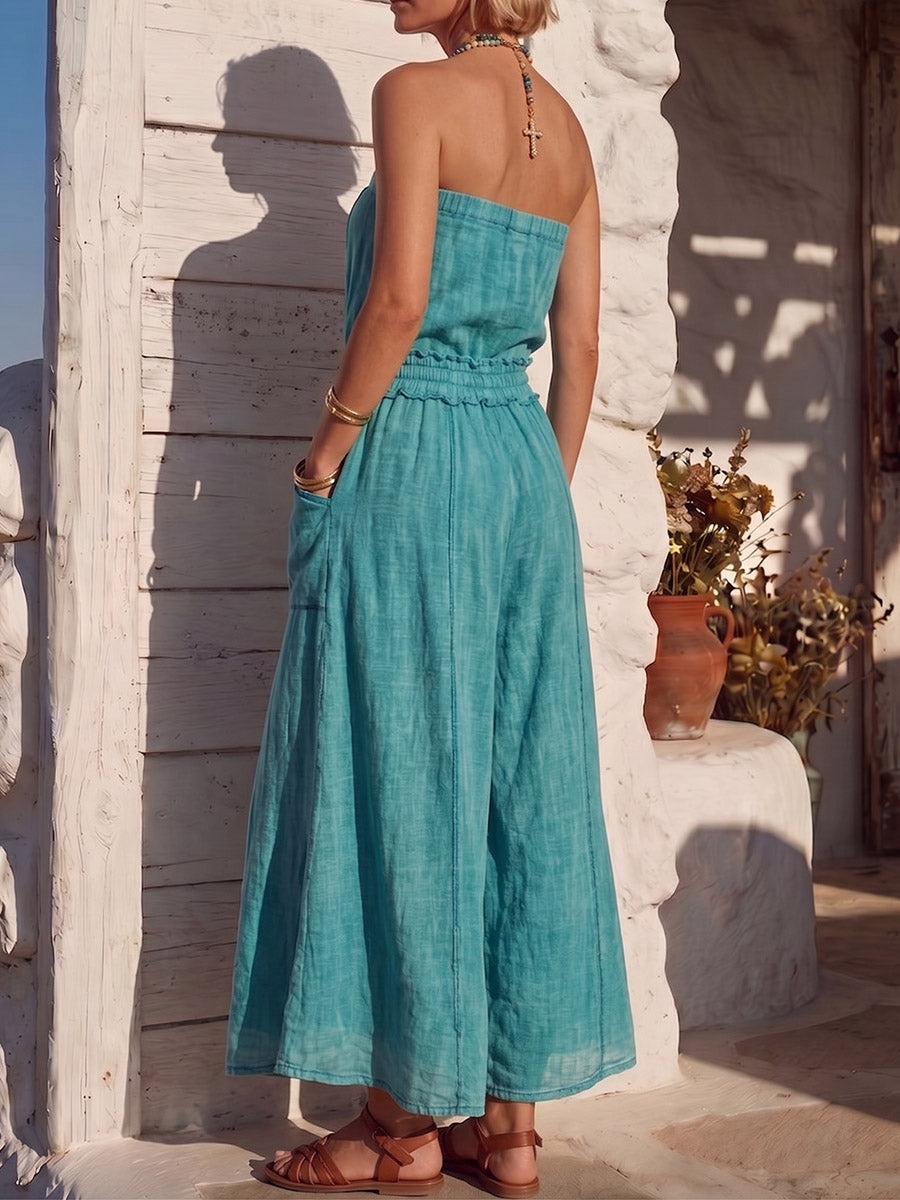 Vintage Art Comfortable Summer Fabrics Sleeveless Elastic Cotton Linen Blend Jumpsuit