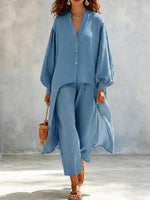 Women's V-Neck Art Casual Top And Pants Cotton And Linen Two-piece Set
