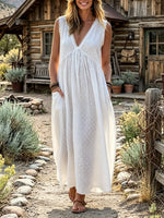 Women's Solid Swiss Dot Lace Trim Sleeveless Pocket Dress