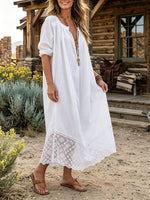 Women's Solid Lace Panel Split Neck Linen Poctket Dress