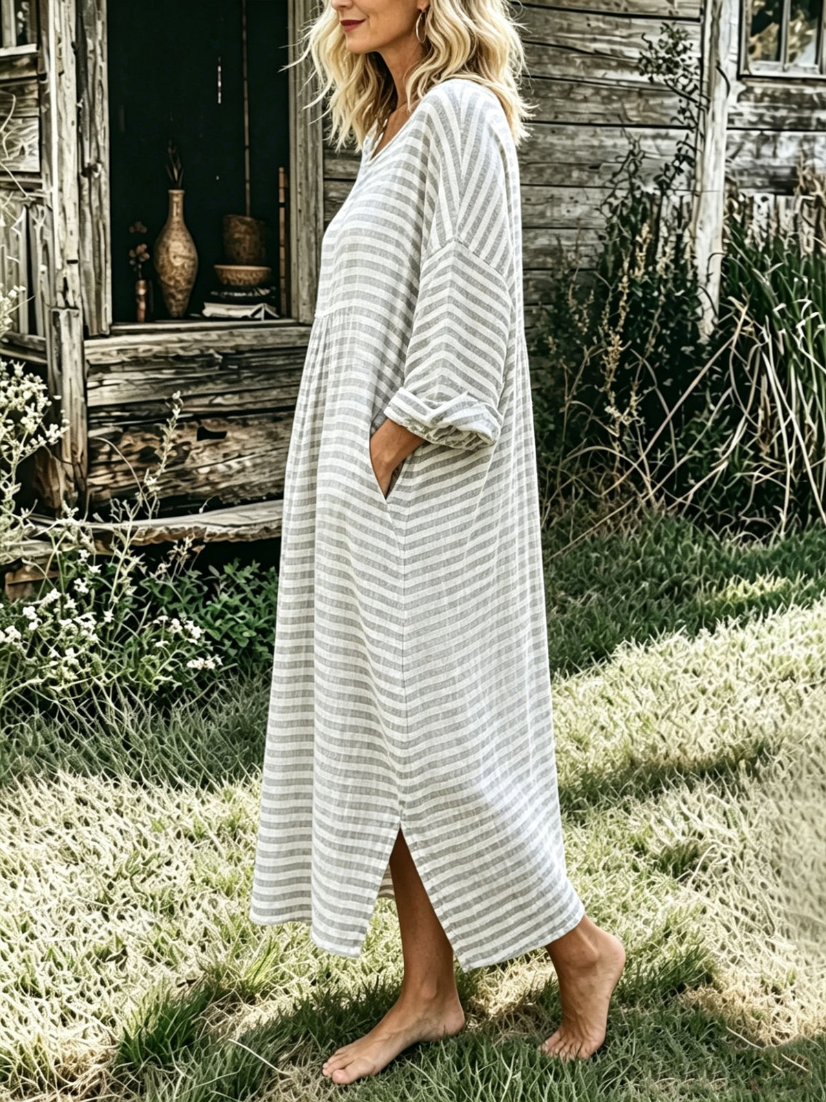 Women's Linen Stripe Loose Pockets Casual Split Flowy Summer Dress