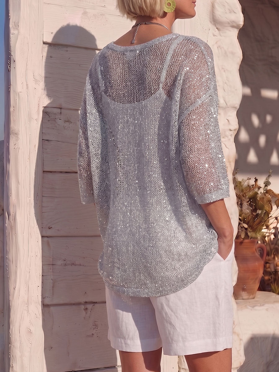 Vintage Art Comfortable Summer Fabrics Breathable Silver Openwork Mesh Shirt
