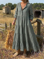 Sage Green Partial Button Tiered Linen Maxi Dress With Pockets
