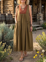 Women's Solid Color Block V Neck Sleeveless Pockets Dress