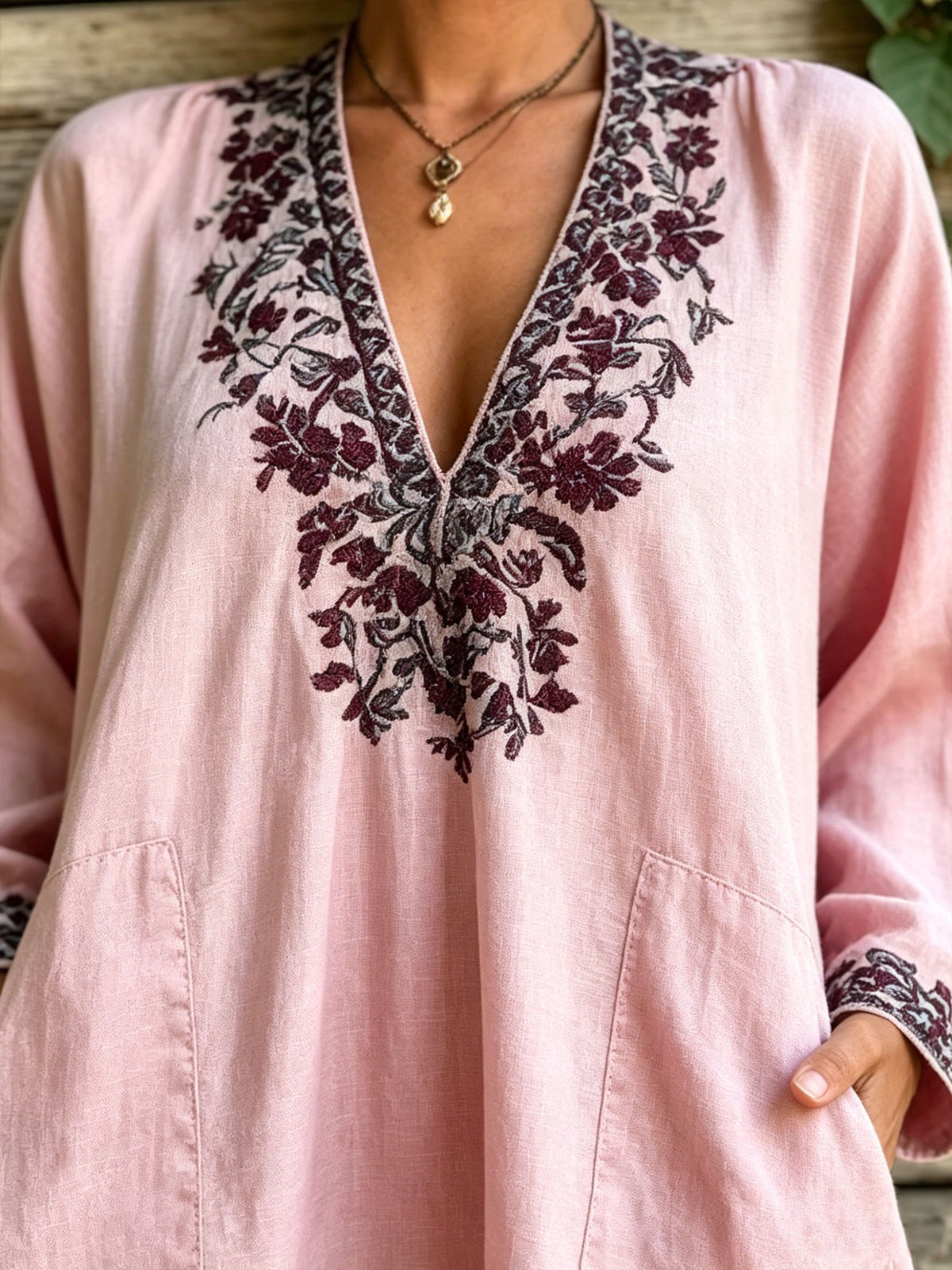 Women’s Casual Cotton Embroidered Print Collar V Neck Long Sleeve Pocket Dress