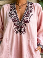 Women’s Casual Cotton Embroidered Print Collar V Neck Long Sleeve Pocket Dress