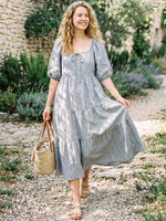 Women's Solid Color Square-Neck Puff-Sleeve Tiered Cake Dress