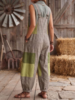 Vintage Art Comfortable Summer Fabrics Sleeveless Patchwork Cotton Linen Pattern Print Jumpsuit