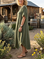 Women's Solid Linen Button V-Neck Irregular Hem Pockets Dress
