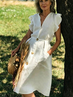 Women’s Casual Cotton V Neck Ruffled Sleeve Pocket Dress