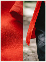 Womens Red Irregular Side Slit Linen Top & Black Drawstring Pants Two Piece Outfit