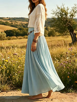Women's Solid Pleated Flowy High Waist Boho Maxi Skirt